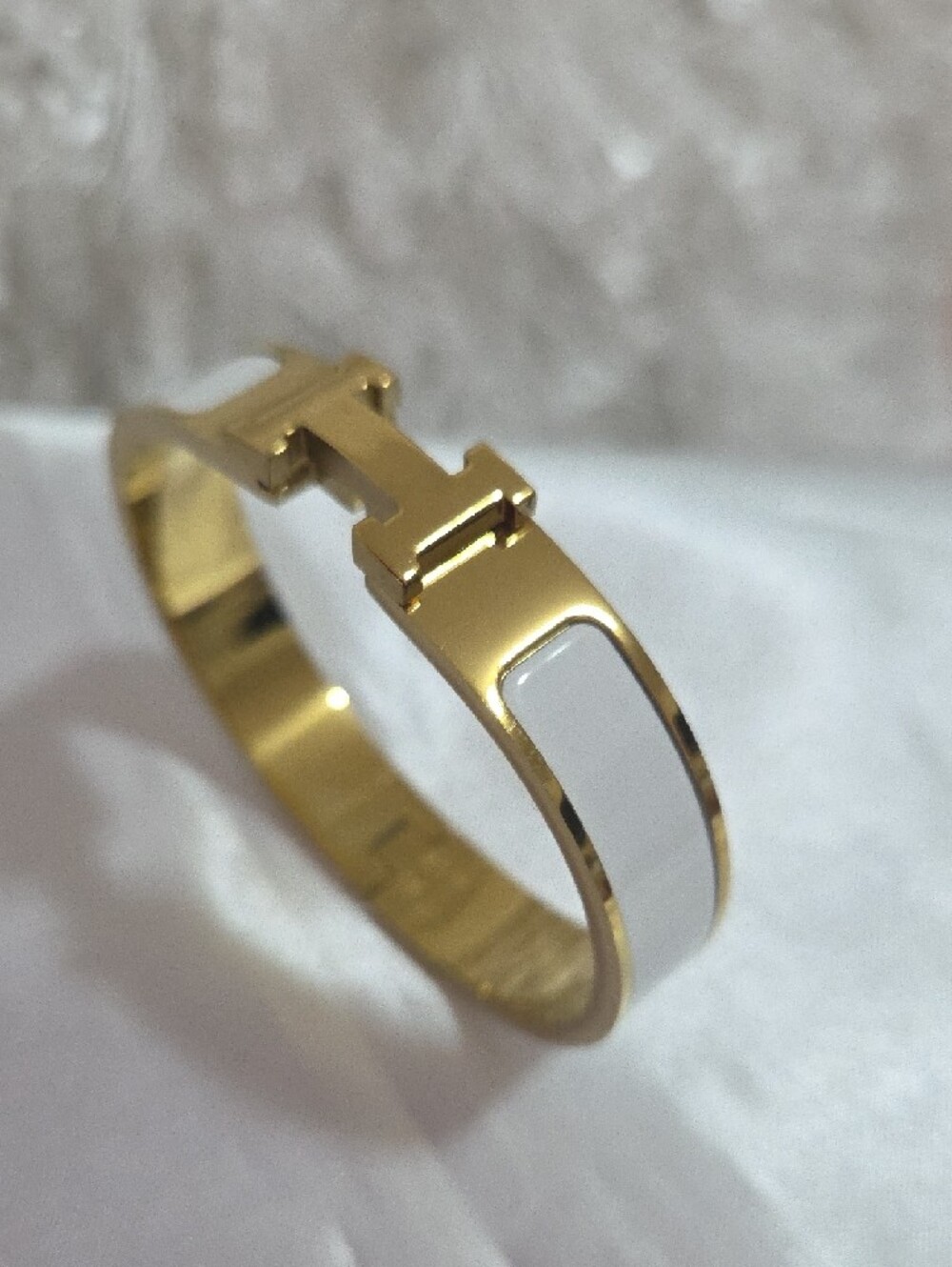 Hermes Style Gold-Plated Enamel Bangle Bracelet - White, Orange, Gray, Black